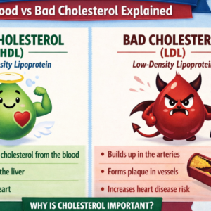 A medical illustration showing good and bad cholesterol levels in the bloodstream, explaining Cholesterol balance.